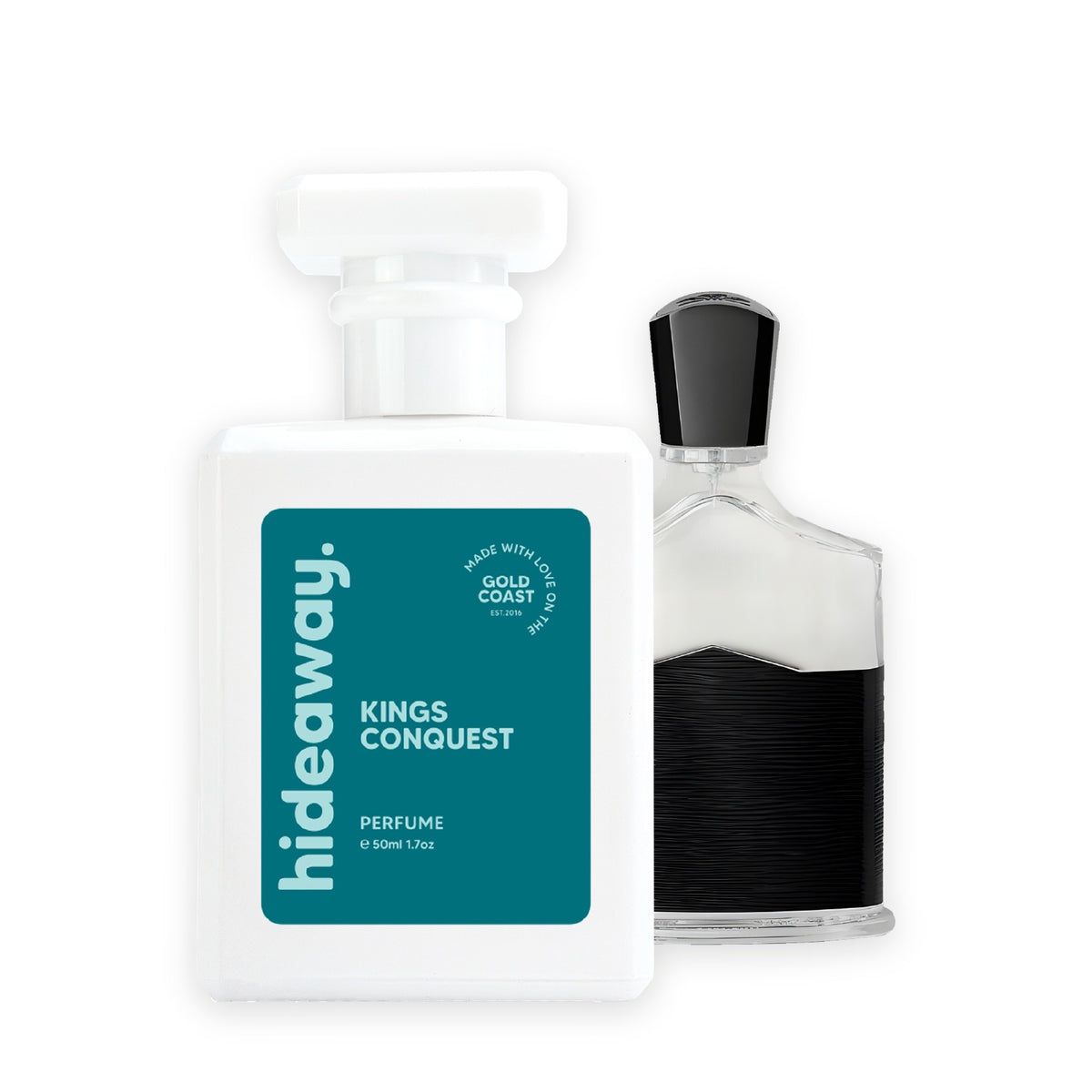 Hideaway. Kings Conquest perfume 50ml beside the Creed Aventus bottle it is inspired by