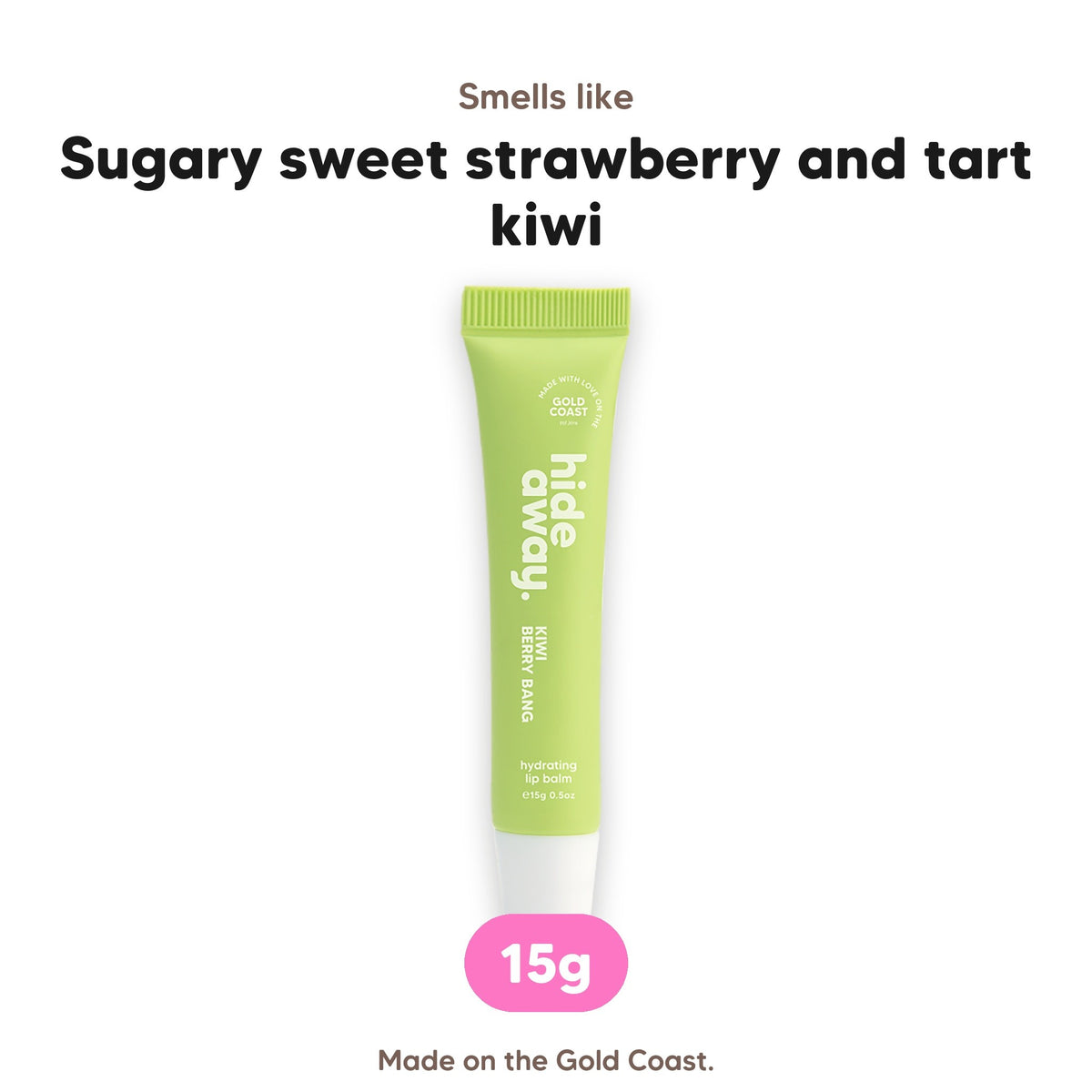 Kiwi Berry Bang lip balm, smells like sugary sweet strawberry and tart kiwi