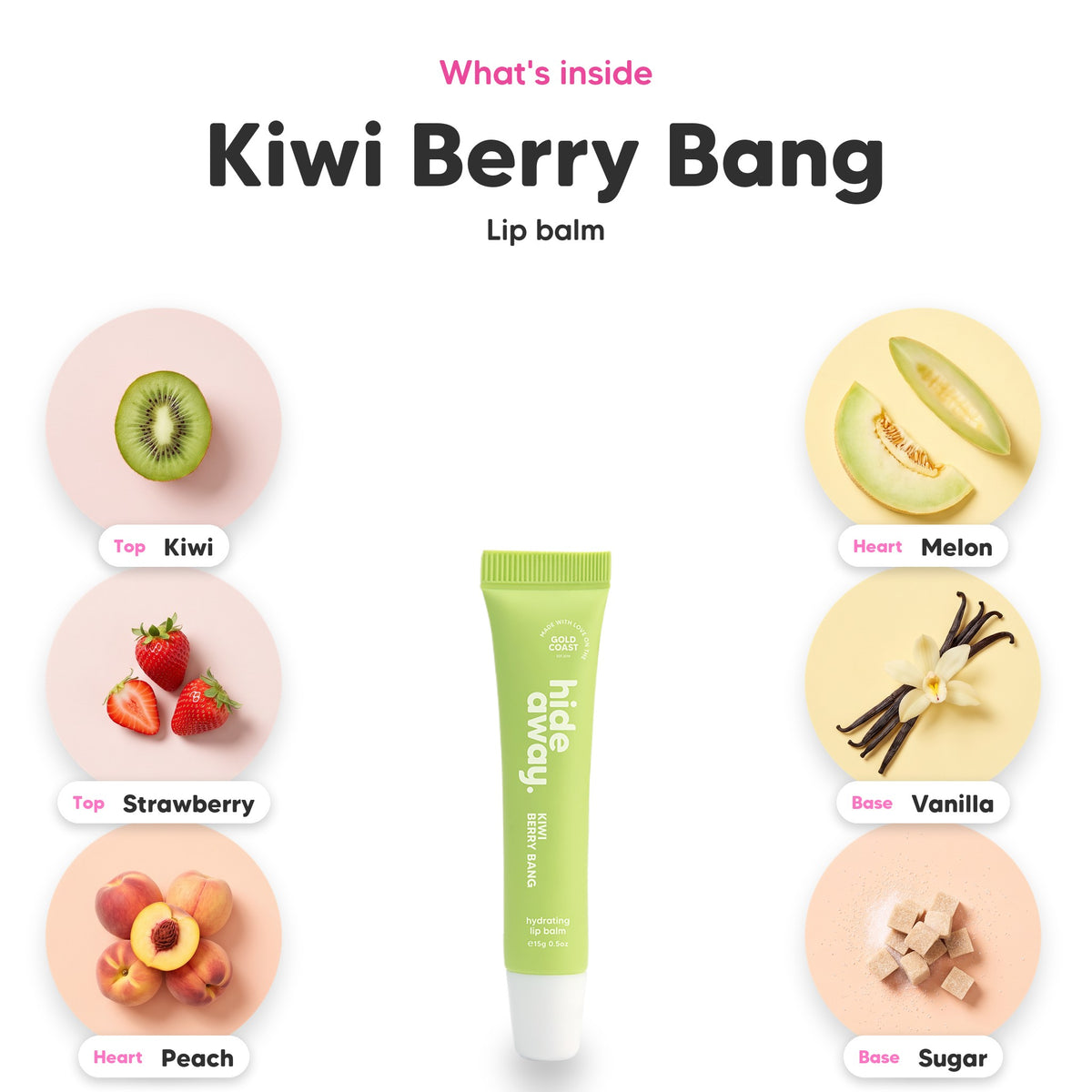 Notes inside Kiwi Berry Bang lip balm: Kiwi, strawberry, peach, melon, vanilla, sugar