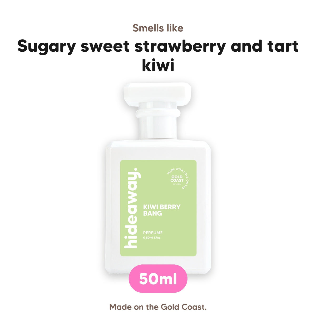Kiwi Berry Bang perfume, smells like sugary sweet strawberry and tart kiwi, 50ml