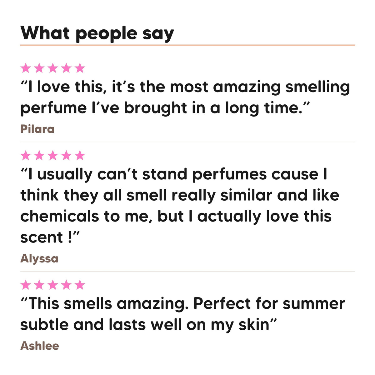 Three five star customer reviews of Hideaway. Lime Coconut perfume