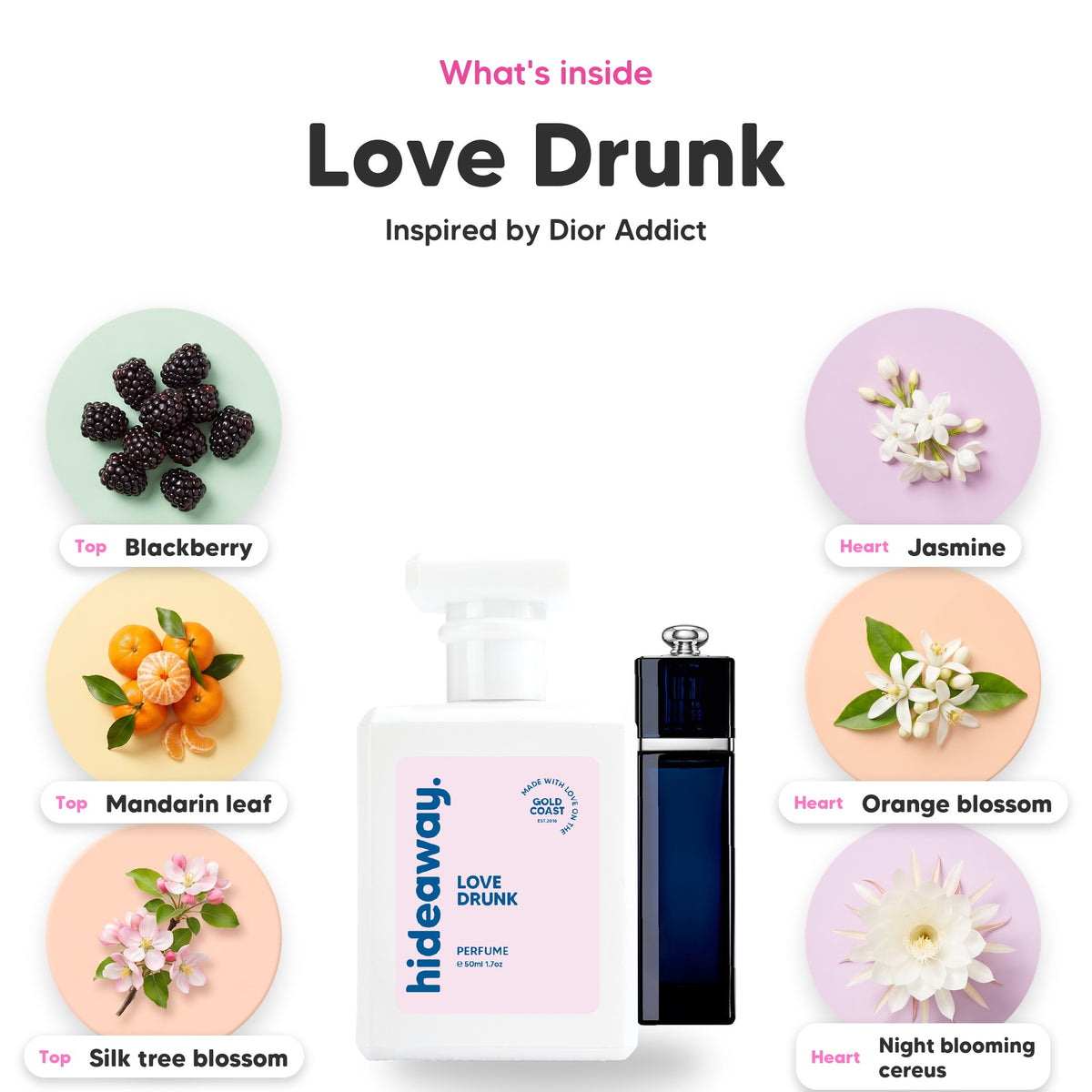 Notes inside Love Drunk: Blackberry, mandarin leaf, silk tree blossom, jasmine, orange blossom, night blooming cereus