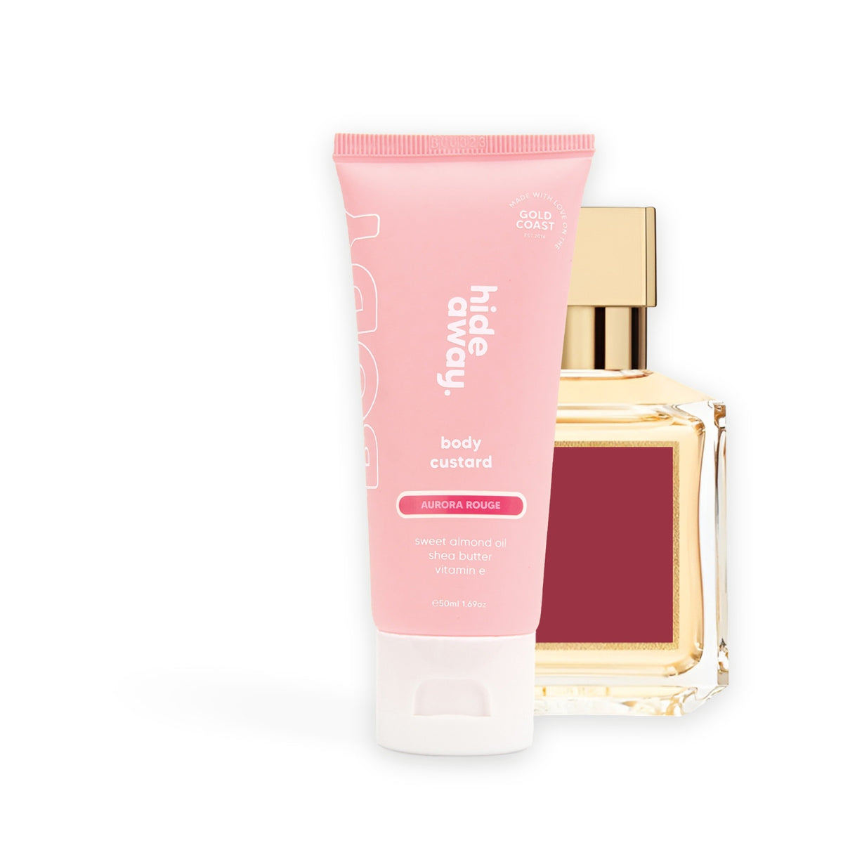 Hideaway. Aurora Rouge body custard mini beside the MFK Baccarat Rouge 540 bottle it is inspired by