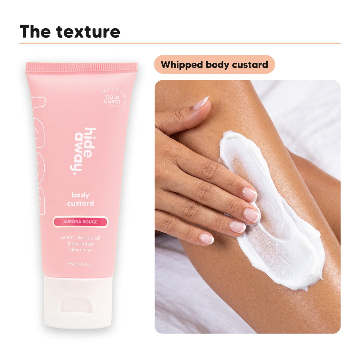 Body custard texture swiped on skin, beside Hideaway. Aurora Rouge mini body custard