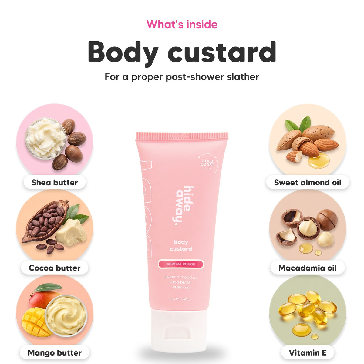 Aurora Rouge body custard mini, key ingredients: shea butter, cocoa butter, mango butter, sweet almond oil, macadamia oil and vitamin E