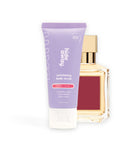 Hideaway. Aurora Rouge exfoliating body scrub mini beside the MFK Baccarat Rouge 540 bottle it is inspired by