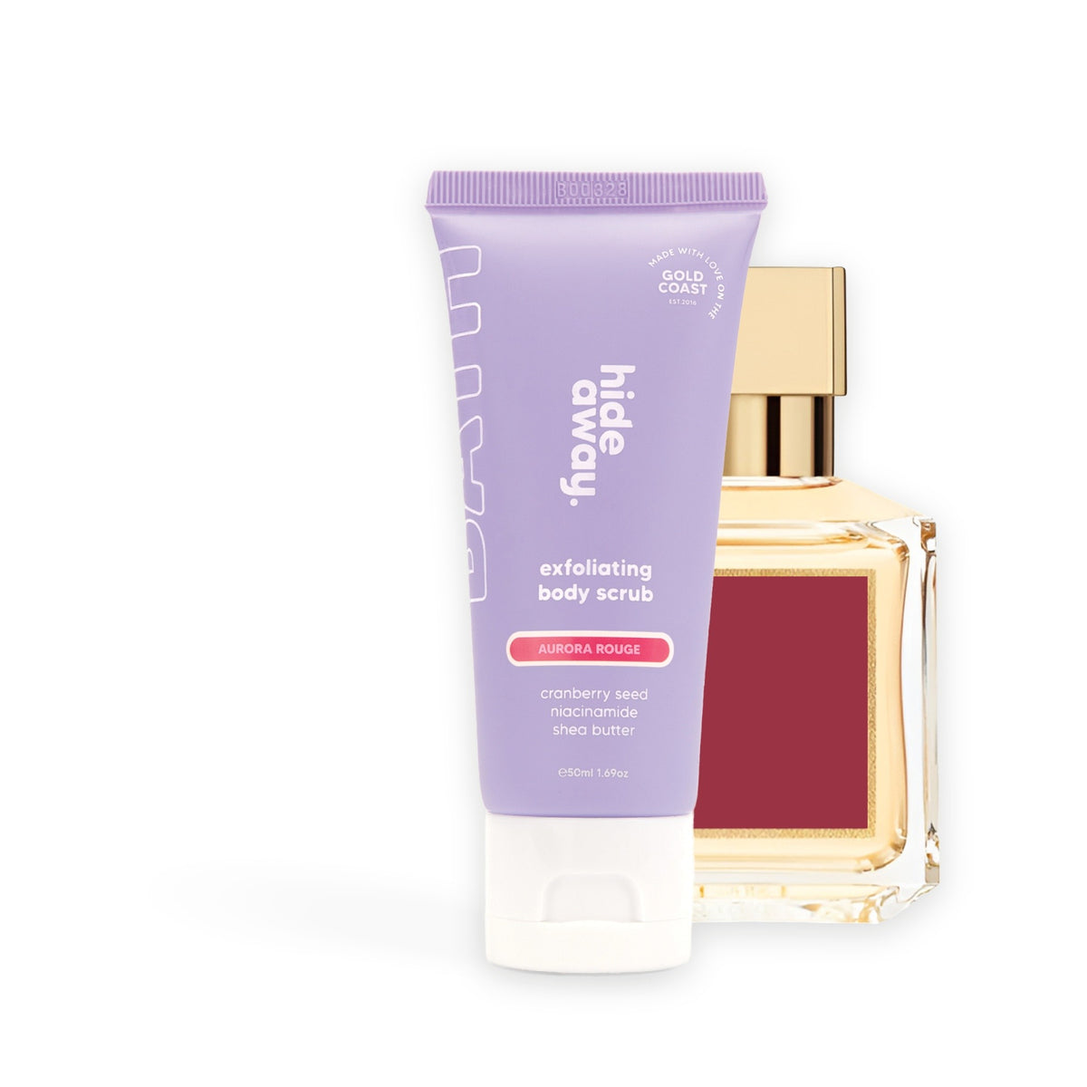 Hideaway. Aurora Rouge exfoliating body scrub mini beside the MFK Baccarat Rouge 540 bottle it is inspired by