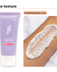 Exfoliating body scrub texture swiped on skin, beside Hideaway. Aurora Rouge mini exfoliating body scrub