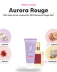 Notes inside Aurora Rouge mini body scrub: Jasmine, saffron, cedarwood, ambergris accord