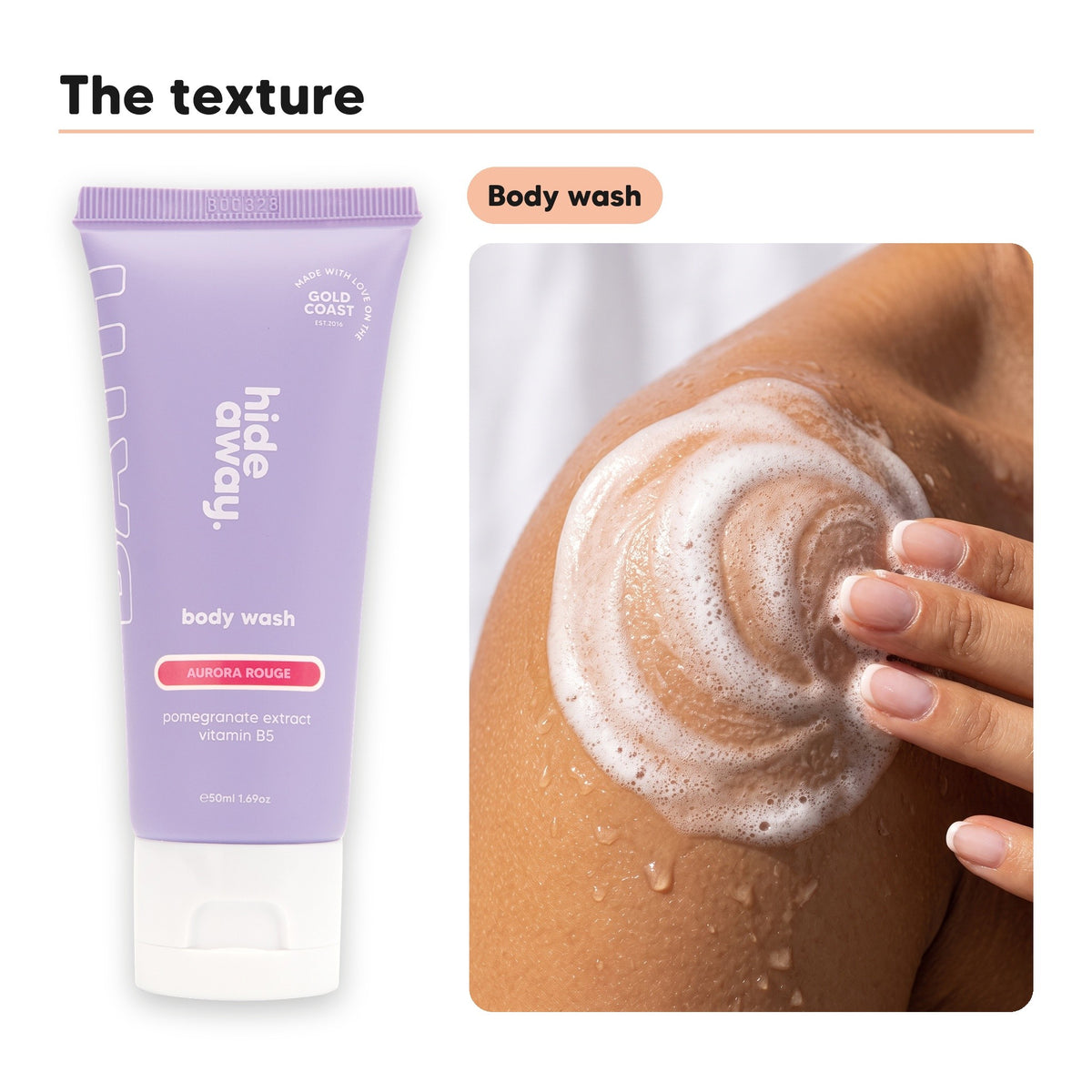 Body wash texture lathered on skin, beside Hideaway. Aurora Rouge mini body wash