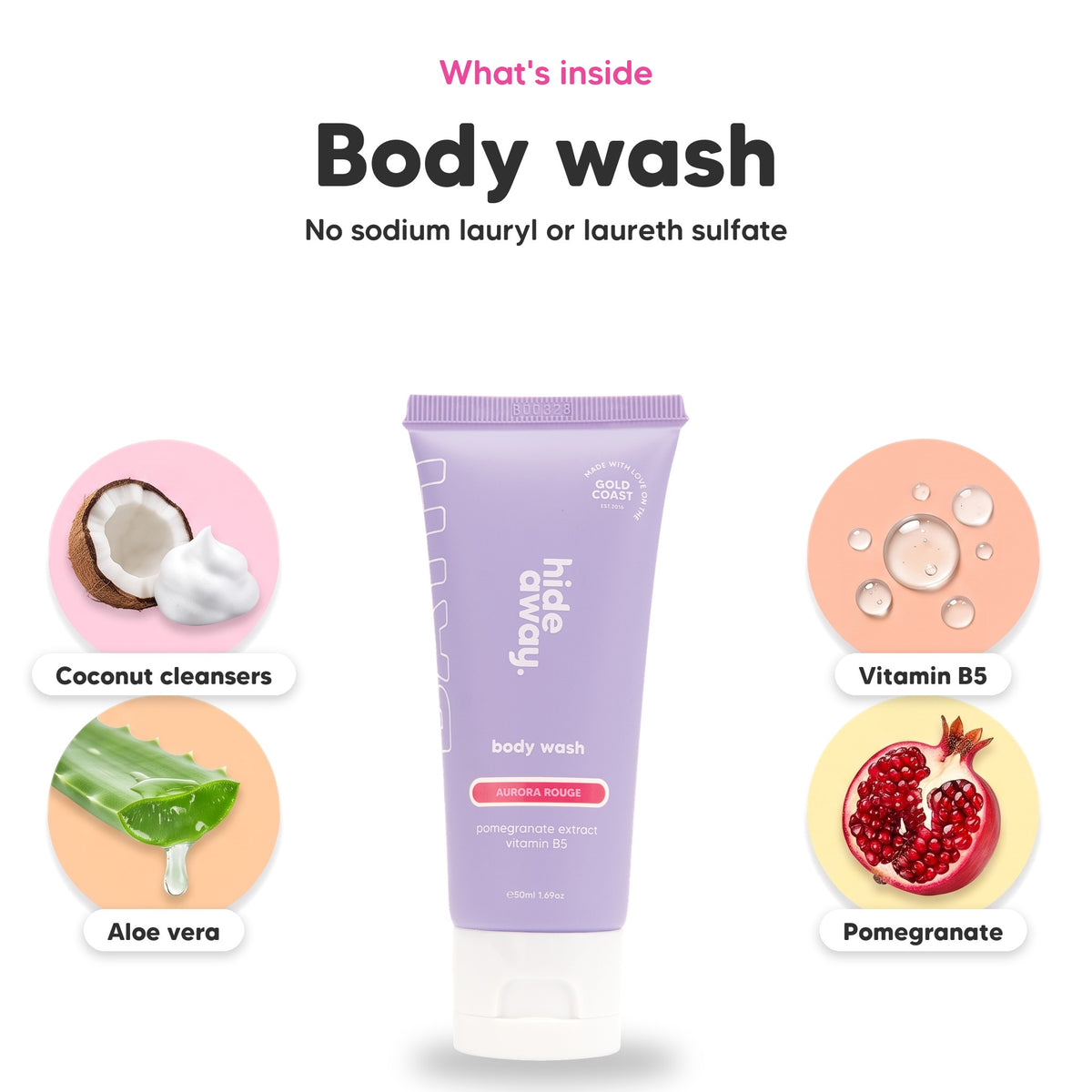 Aurora Rouge body wash mini, key ingredients: coconut cleansers, aloe vera, vitamin B5 and pomegranate