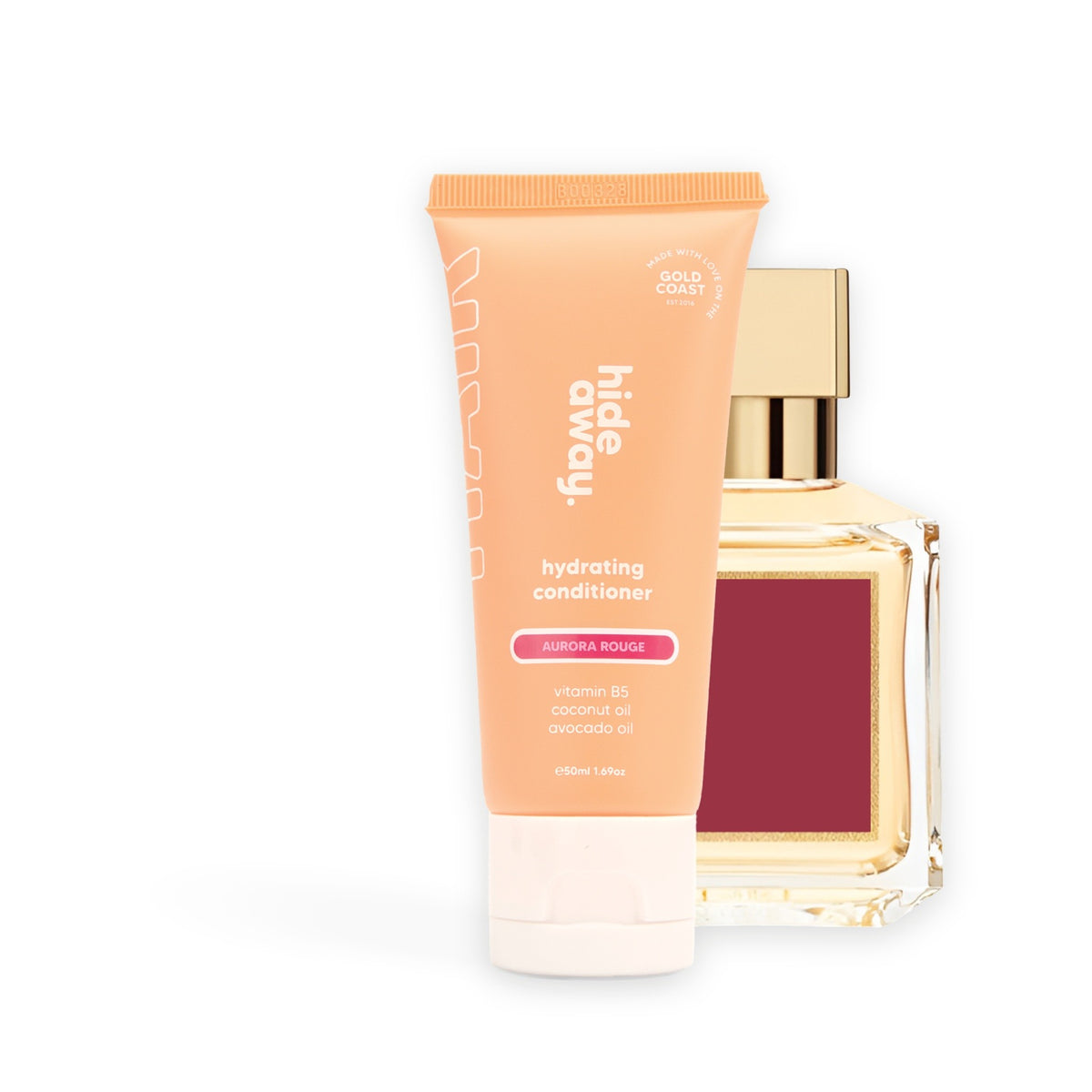Hideaway. Aurora Rouge conditioner mini beside the MFK Baccarat Rouge 540 bottle it is inspired by