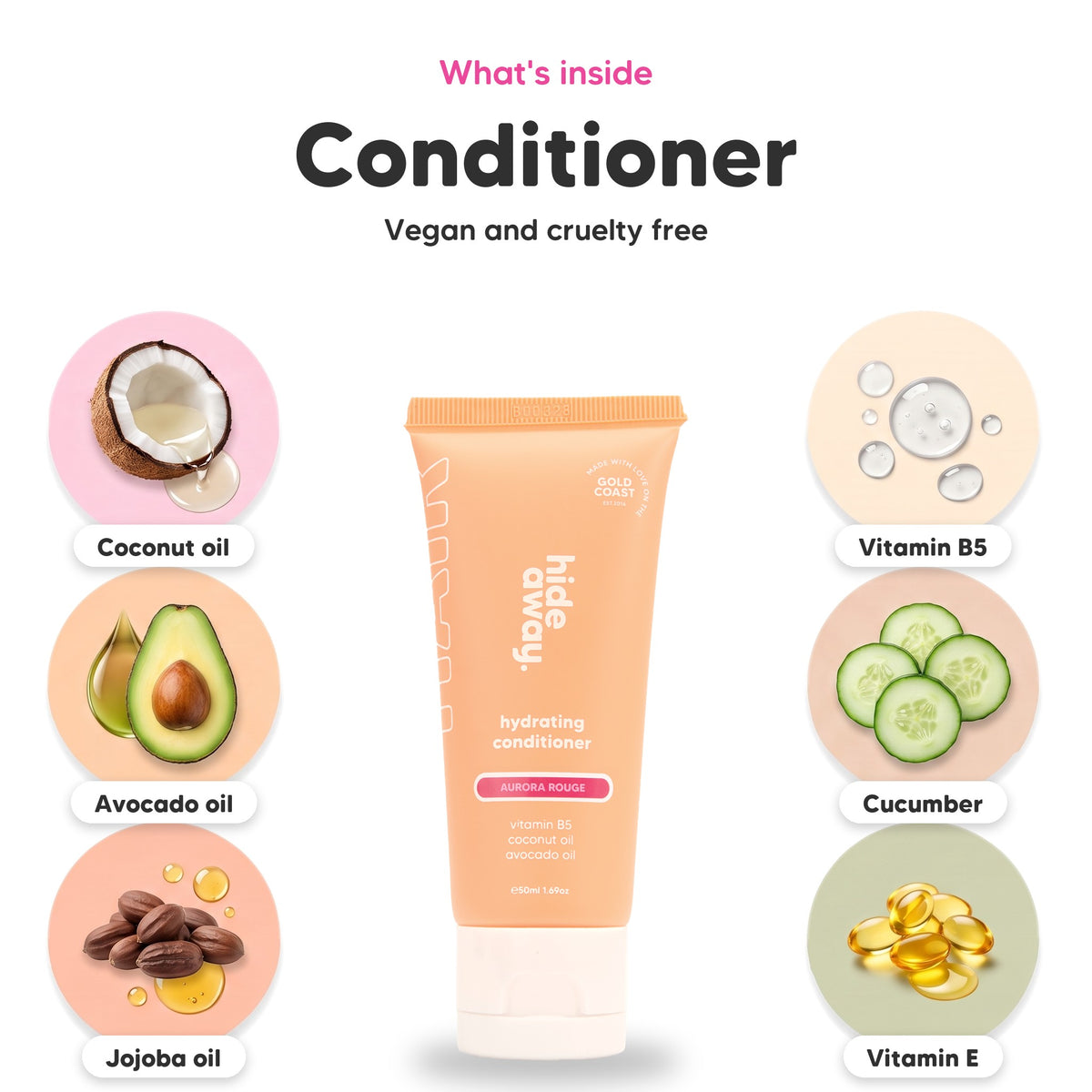 Aurora Rouge conditioner mini, key ingredients: coconut oil, avocado oil, jojoba oil, vitamin B5, cucumber and vitamin E