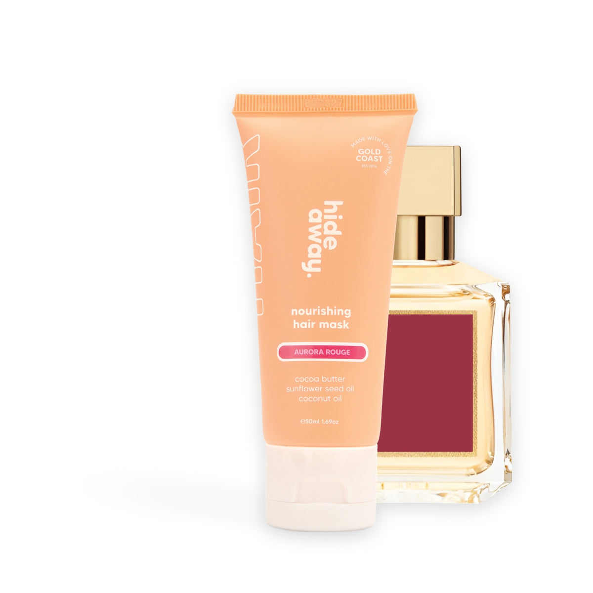 Hideaway. Aurora Rouge hair mask mini beside the MFK Baccarat Rouge 540 bottle it is inspired by