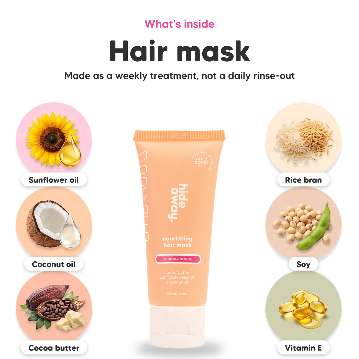 Aurora Rouge hair mask mini, key ingredients: sunflower oil, coconut oil, cocoa butter, rice bran, soy and vitamin E