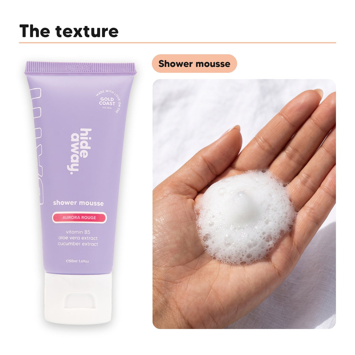 Shower mousse texture in an open palm, beside Hideaway. Aurora Rouge mini shower mousse