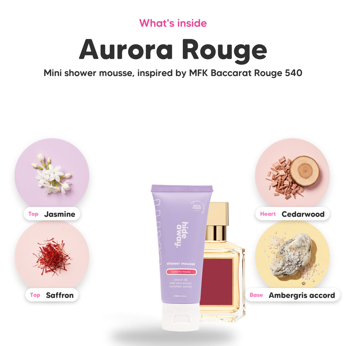 Notes inside Aurora Rouge mini shower mousse: Jasmine, saffron, cedarwood, ambergris accord