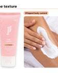 Body custard texture swiped on skin, beside Hideaway. Black Essence mini body custard
