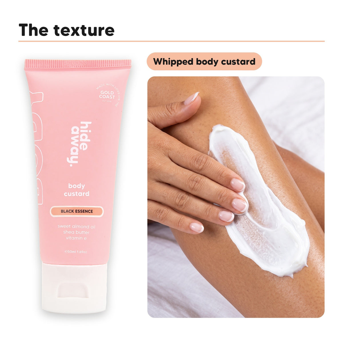 Body custard texture swiped on skin, beside Hideaway. Black Essence mini body custard