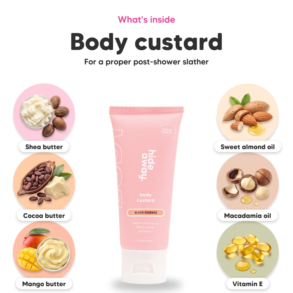 Black Essence body custard mini, key ingredients: shea butter, cocoa butter, mango butter, sweet almond oil, macadamia oil and vitamin E