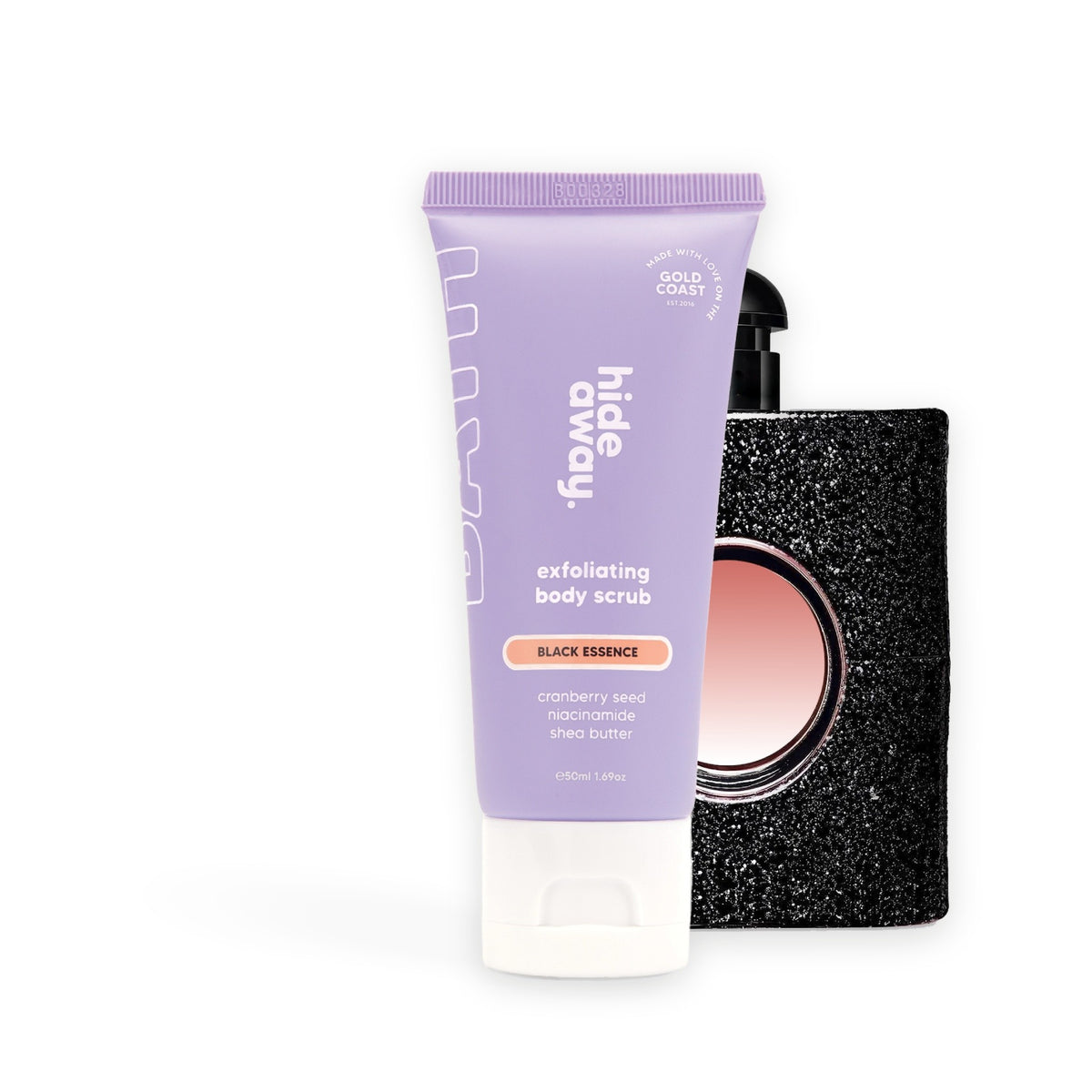 Hideaway. Black Essence exfoliating body scrub mini beside the YSL Black Opium bottle it is inspired by
