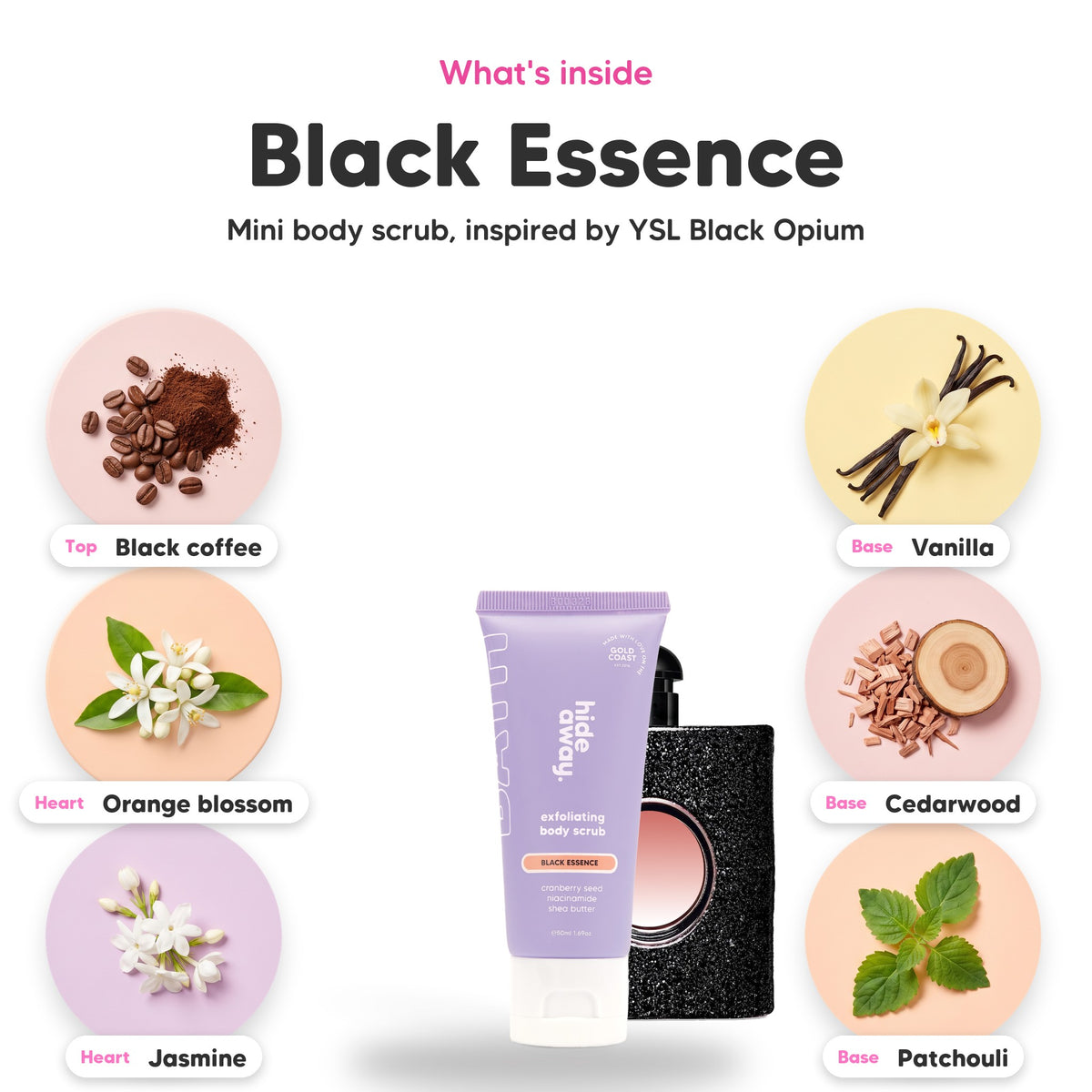 Notes inside Black Essence mini body scrub: Black coffee, orange blossom, jasmine, vanilla, cedarwood, patchouli