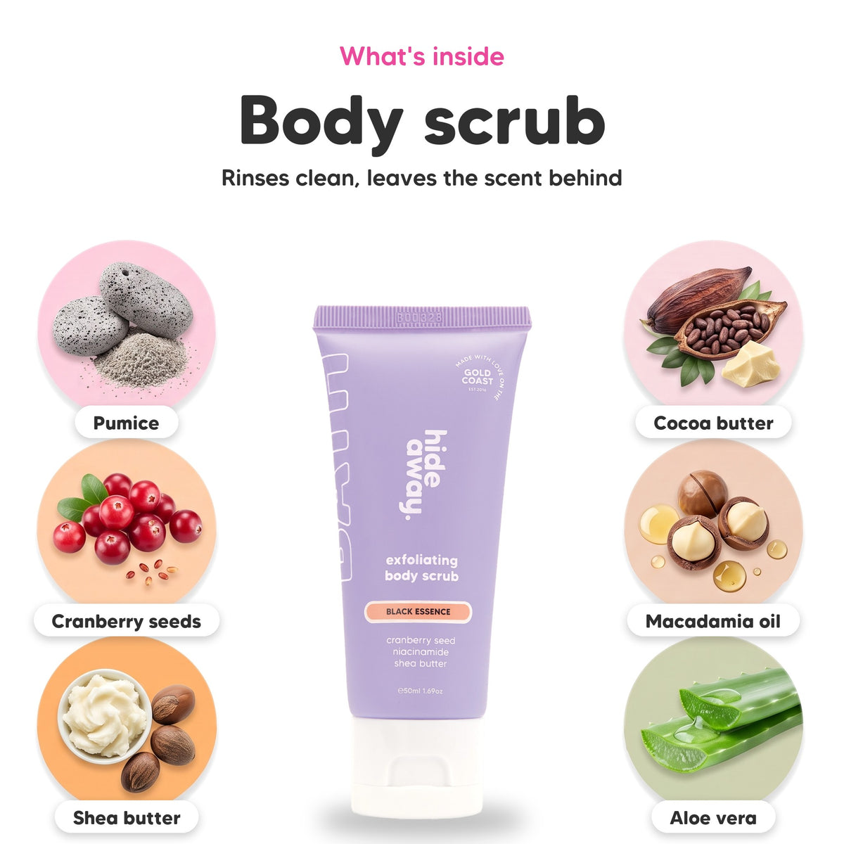 Black Essence exfoliating body scrub mini, key ingredients: pumice, cranberry seeds, shea butter, cocoa butter, macadamia oil and aloe vera
