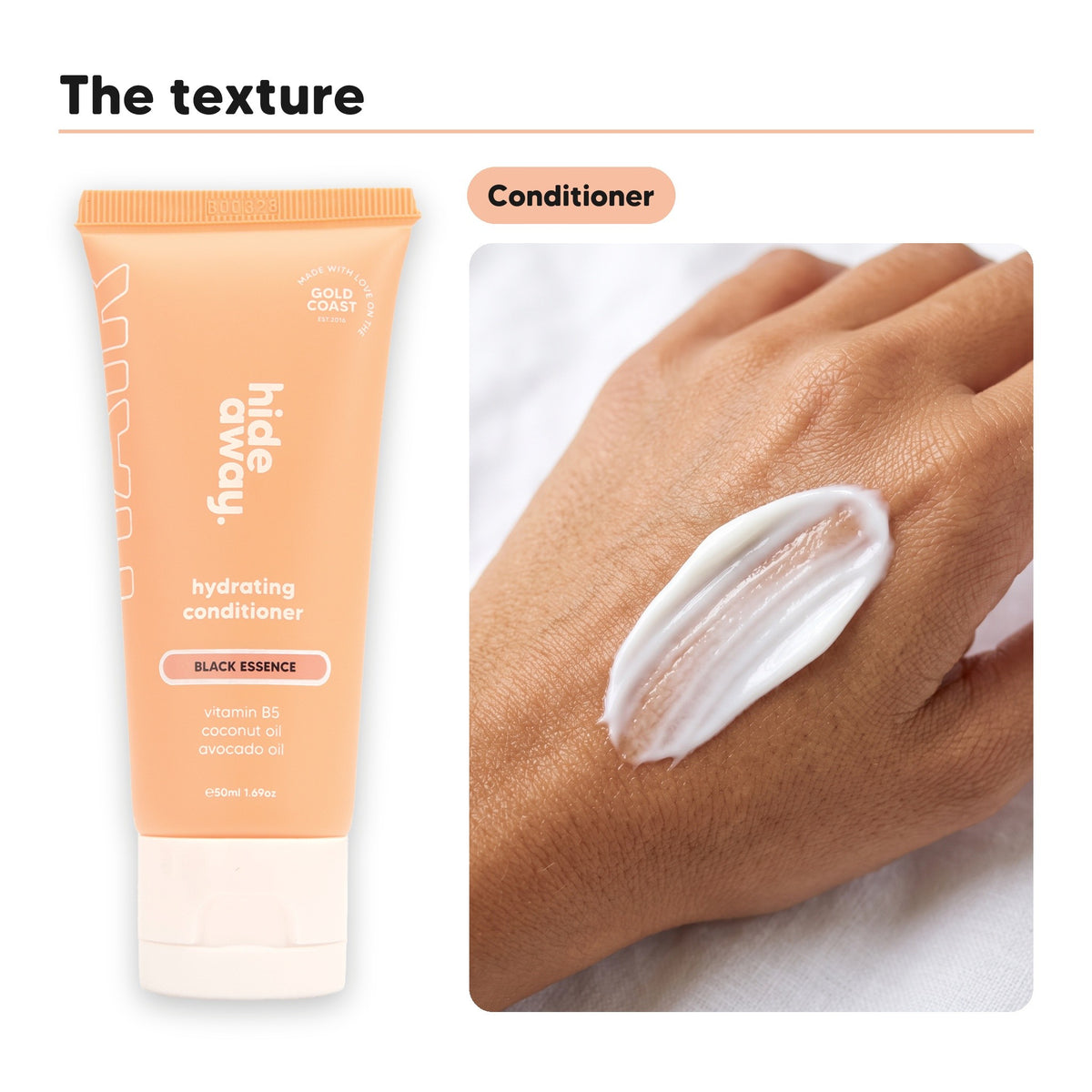 Conditioner texture swiped on a hand, beside Hideaway. Black Essence mini conditioner