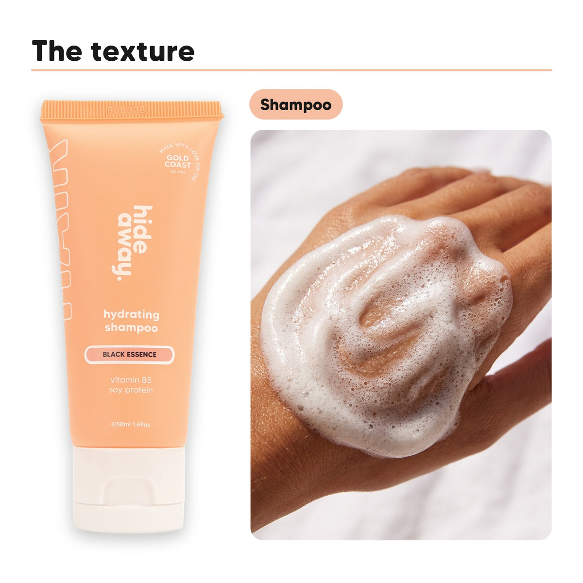 Shampoo texture lathered on a hand, beside Hideaway. Black Essence mini shampoo