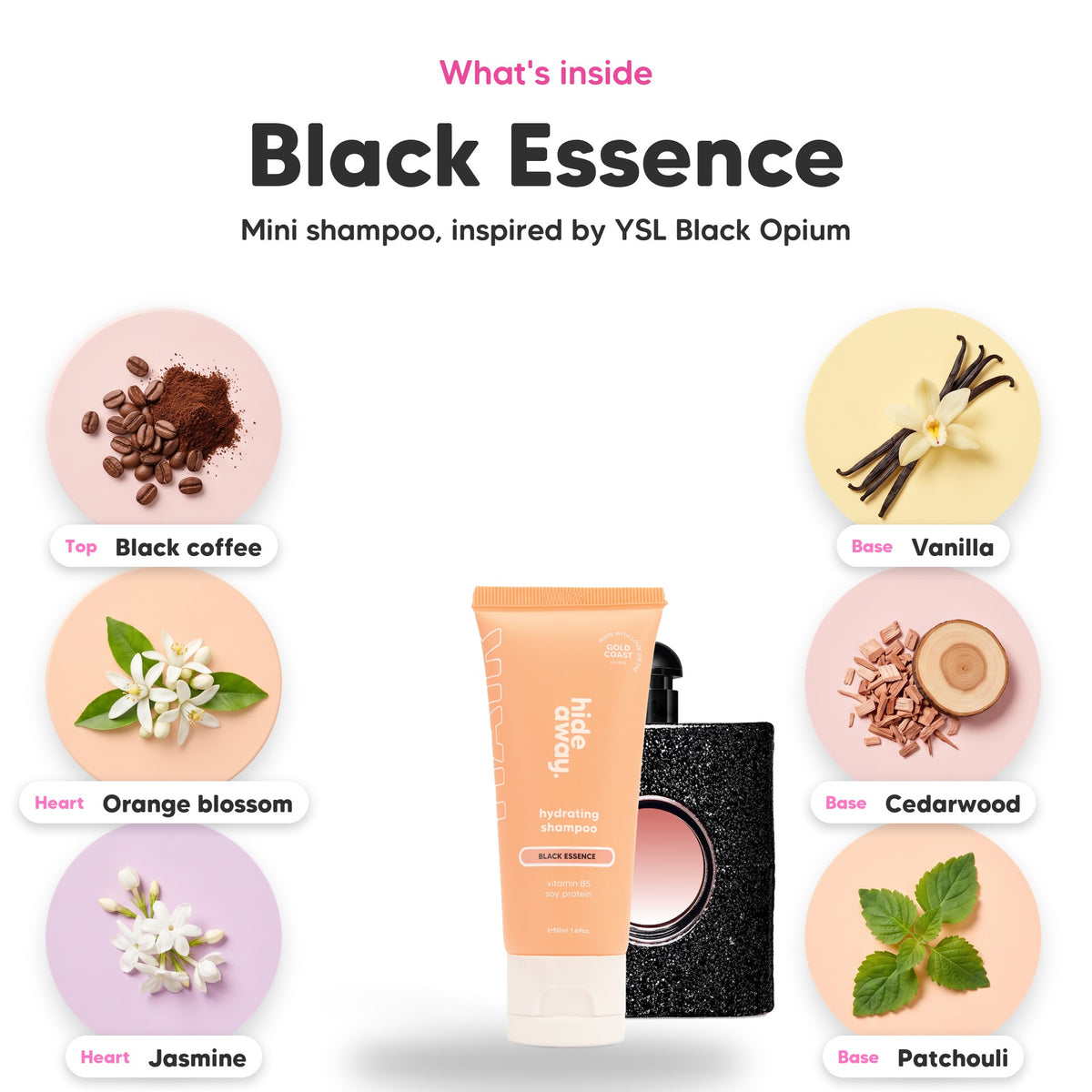 Notes inside Black Essence mini shampoo: Black coffee, orange blossom, jasmine, vanilla, cedarwood, patchouli