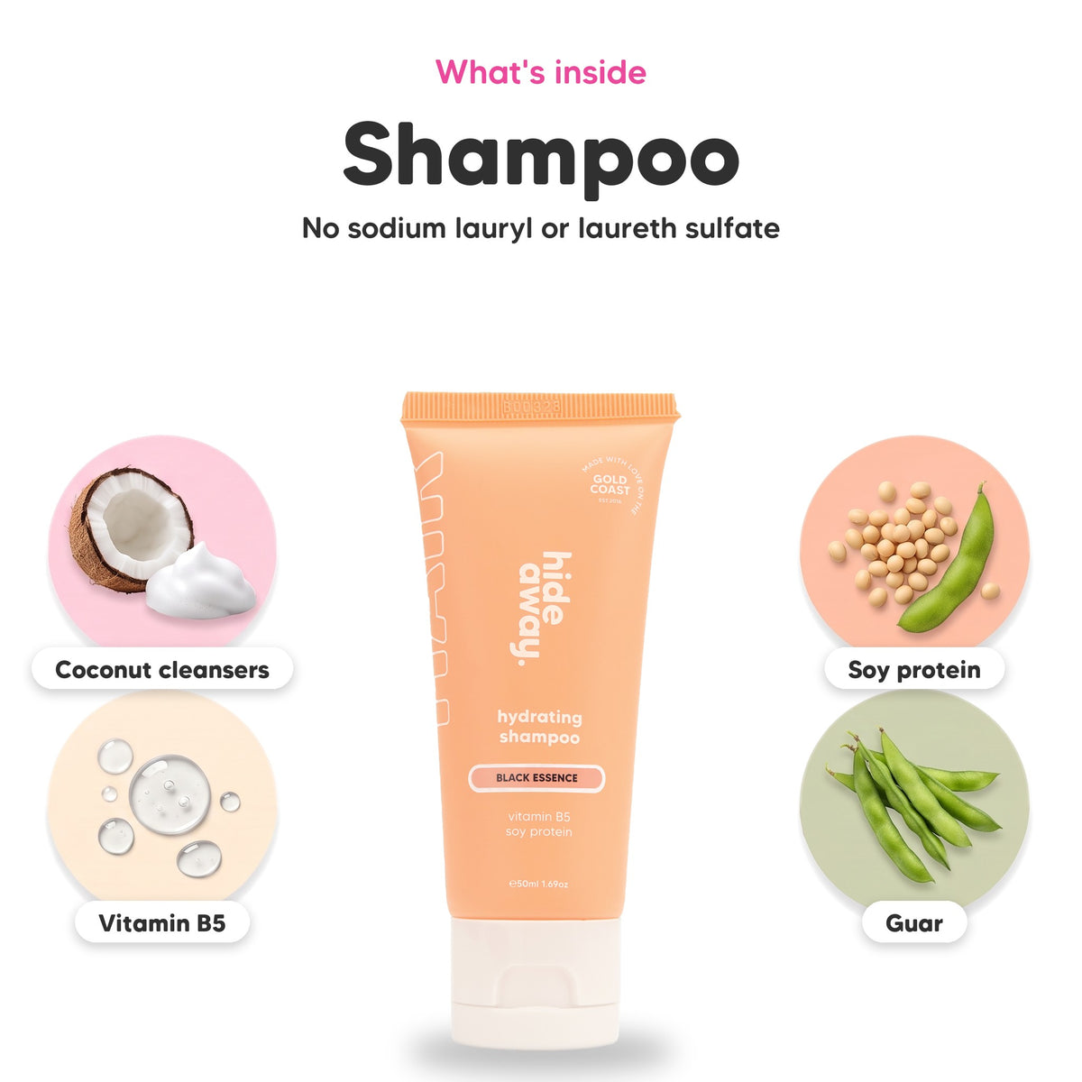 Black Essence shampoo mini, key ingredients: coconut cleansers, vitamin B5, soy protein and guar
