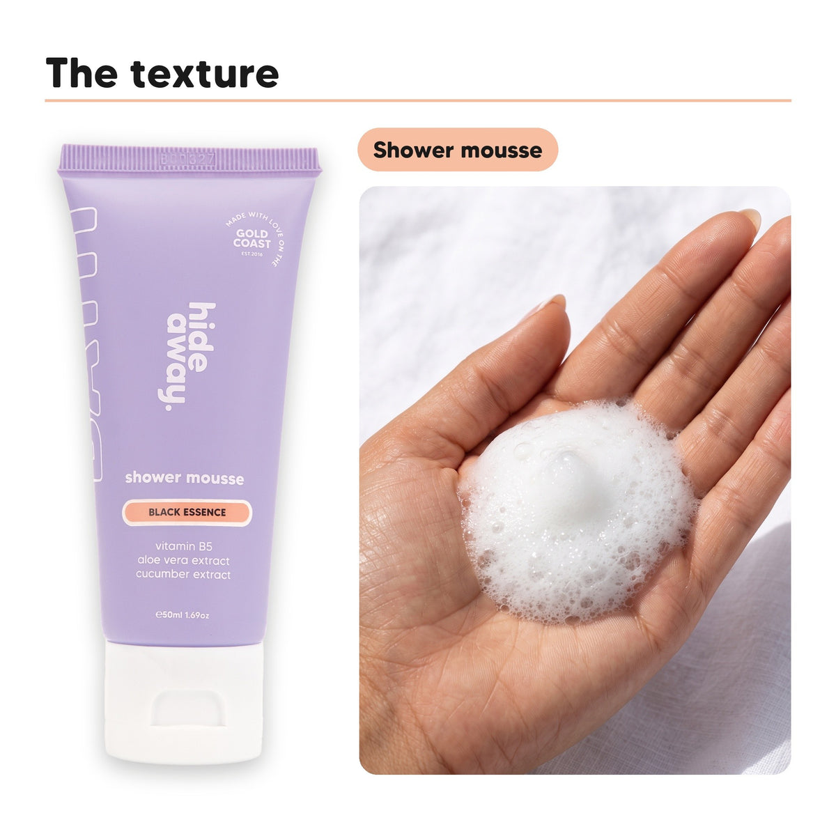 Shower mousse texture in an open palm, beside Hideaway. Black Essence mini shower mousse
