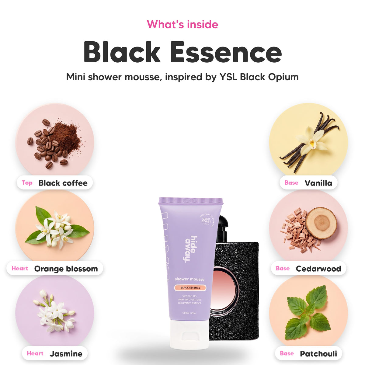 Notes inside Black Essence mini shower mousse: Black coffee, orange blossom, jasmine, vanilla, cedarwood, patchouli