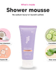 Black Essence shower mousse mini, key ingredients: coconut cleansers, vitamin B5, cucumber and aloe vera