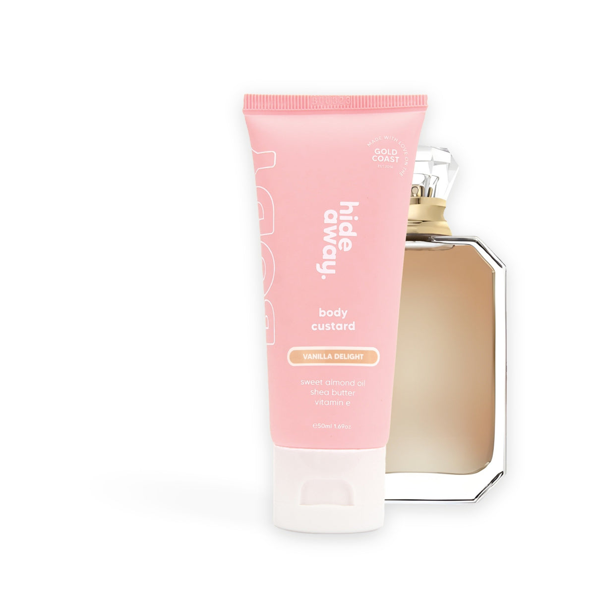 Hideaway. Vanilla Delight body custard mini beside the Kayali Vanilla 28 bottle it is inspired by