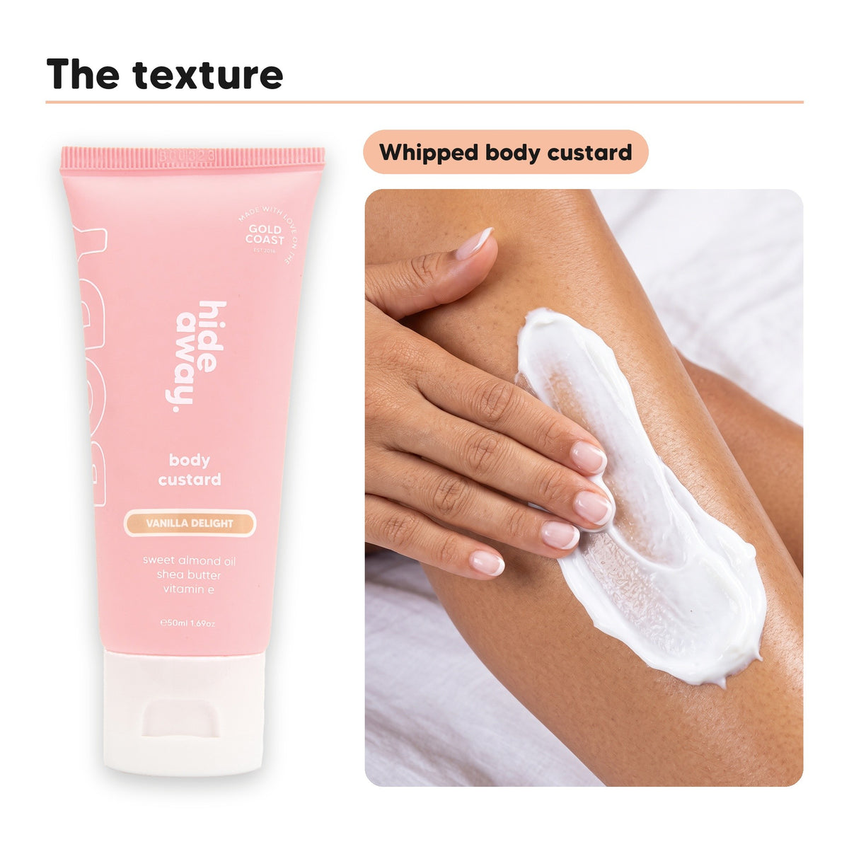 Body custard texture swiped on skin, beside Hideaway. Vanilla Delight mini body custard