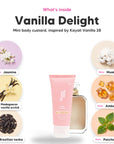 Notes inside Vanilla Delight mini body custard: Jasmine, madagascar vanilla orchid, brazilian tonka, musk, amber, patchouli