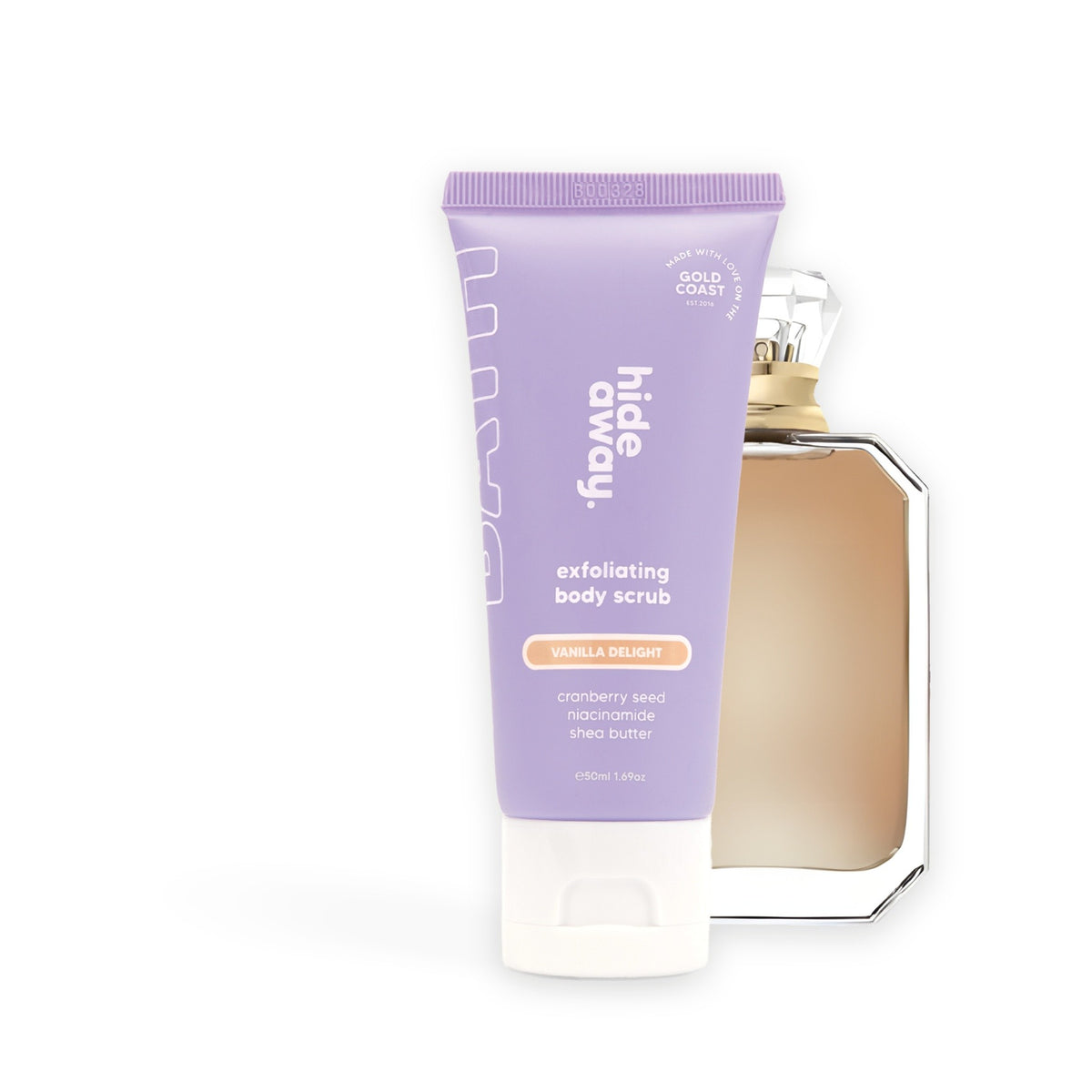 Hideaway. Vanilla Delight exfoliating body scrub mini beside the Kayali Vanilla 28 bottle it is inspired by