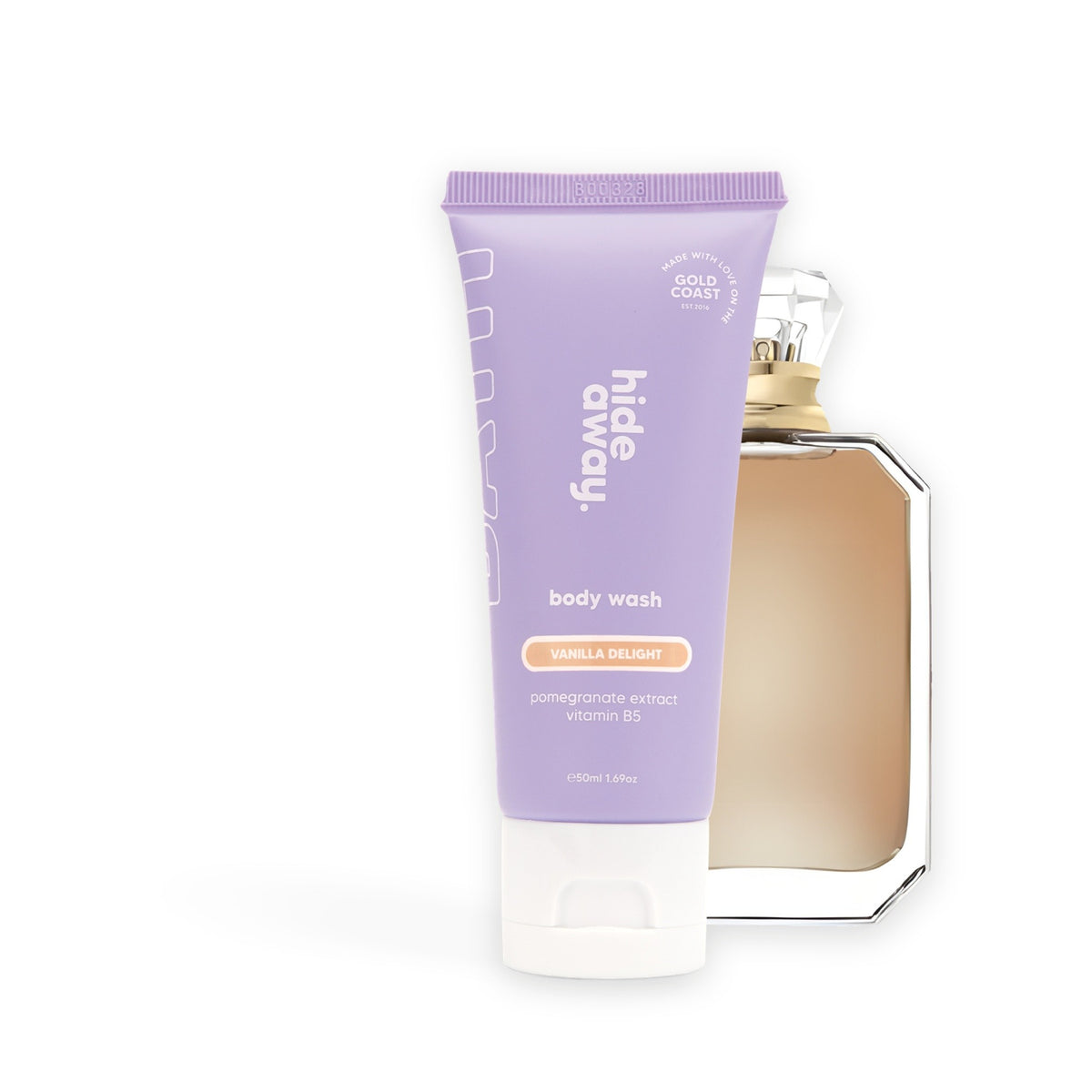 Hideaway. Vanilla Delight body wash mini beside the Kayali Vanilla 28 bottle it is inspired by