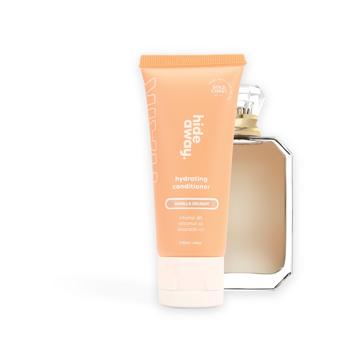 Hideaway. Vanilla Delight conditioner mini beside the Kayali Vanilla 28 bottle it is inspired by