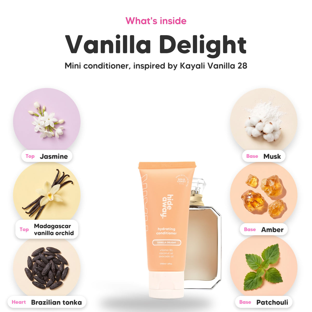 Notes inside Vanilla Delight mini conditioner: Jasmine, madagascar vanilla orchid, brazilian tonka, musk, amber, patchouli