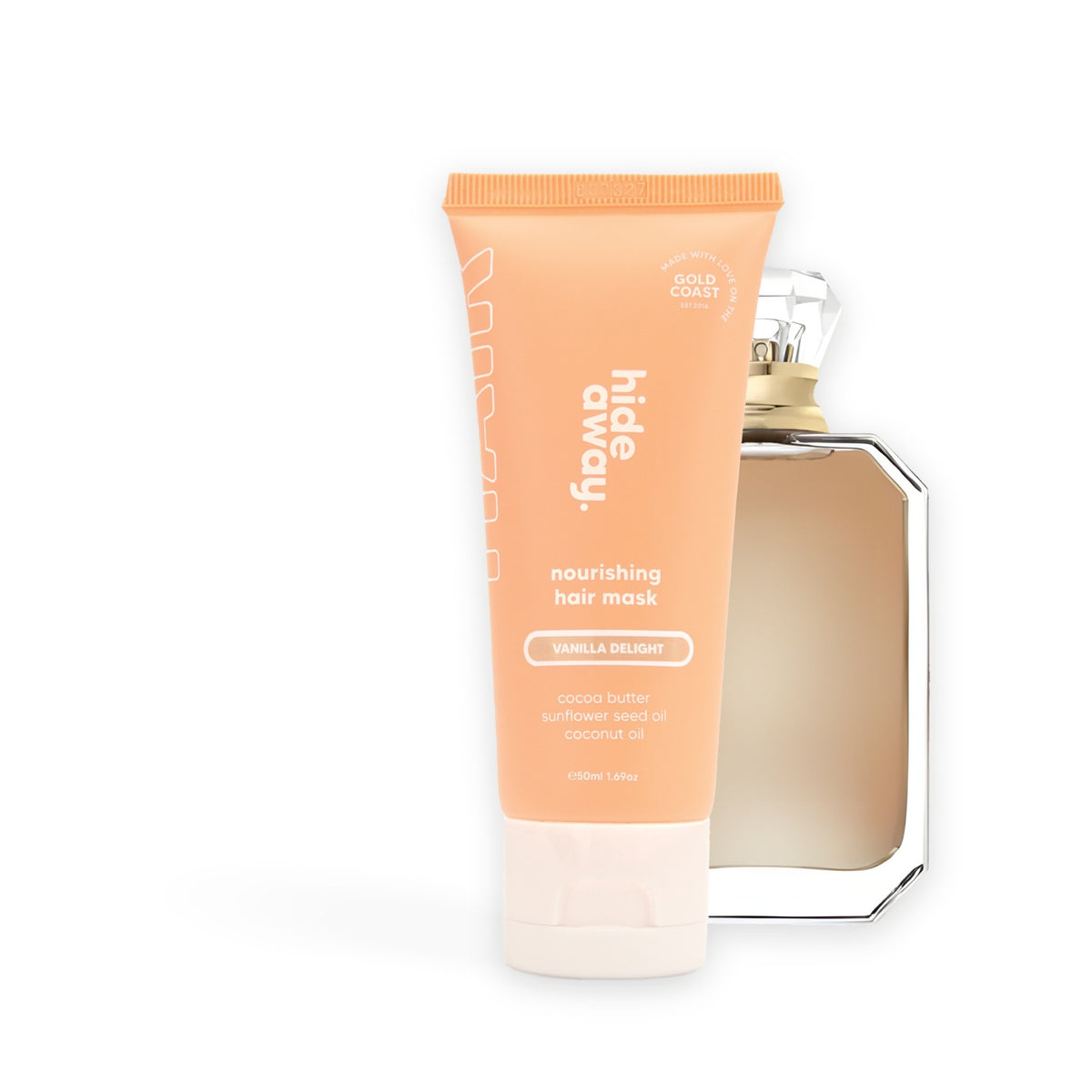 Hideaway. Vanilla Delight hair mask mini beside the Kayali Vanilla 28 bottle it is inspired by