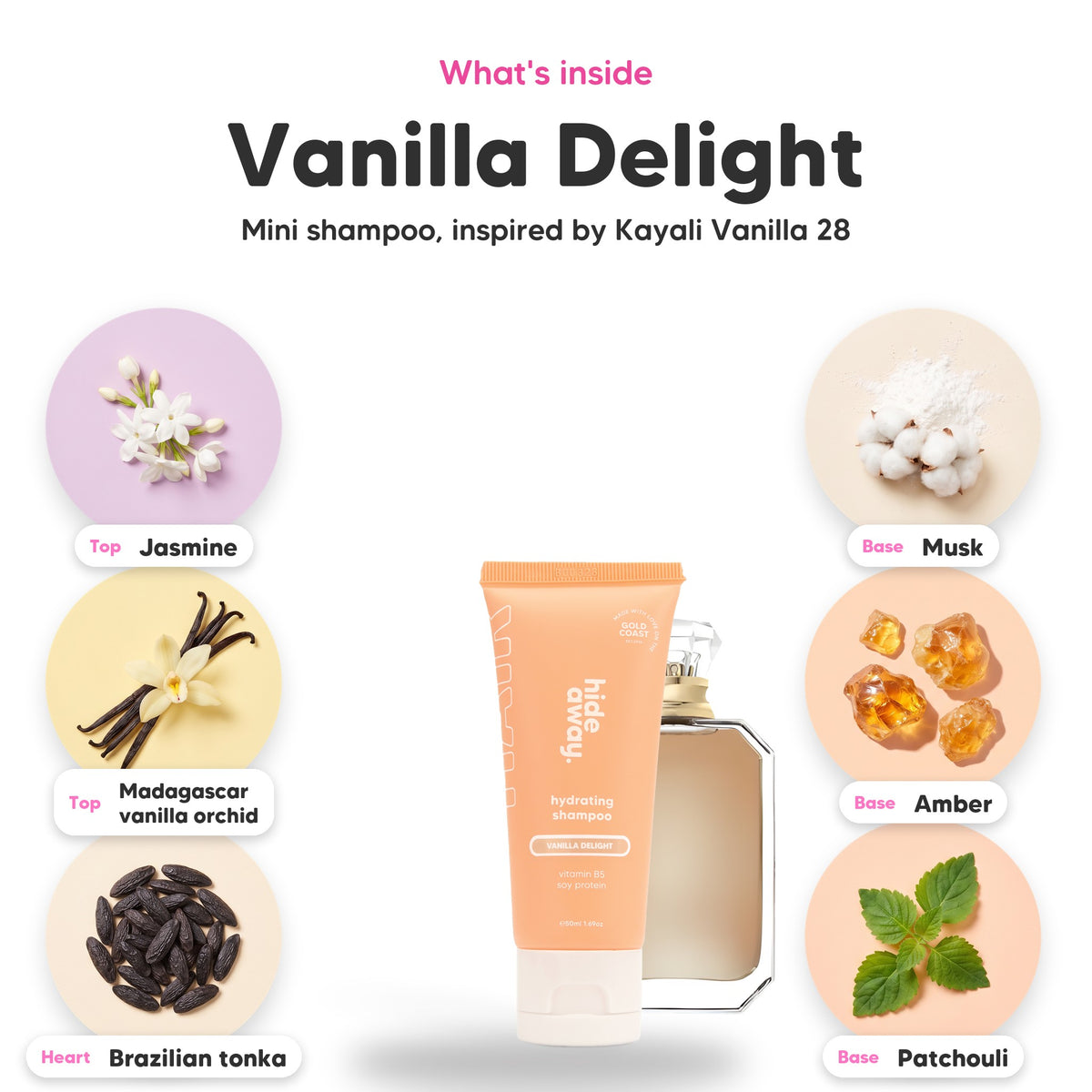 Notes inside Vanilla Delight mini shampoo: Jasmine, madagascar vanilla orchid, brazilian tonka, musk, amber, patchouli