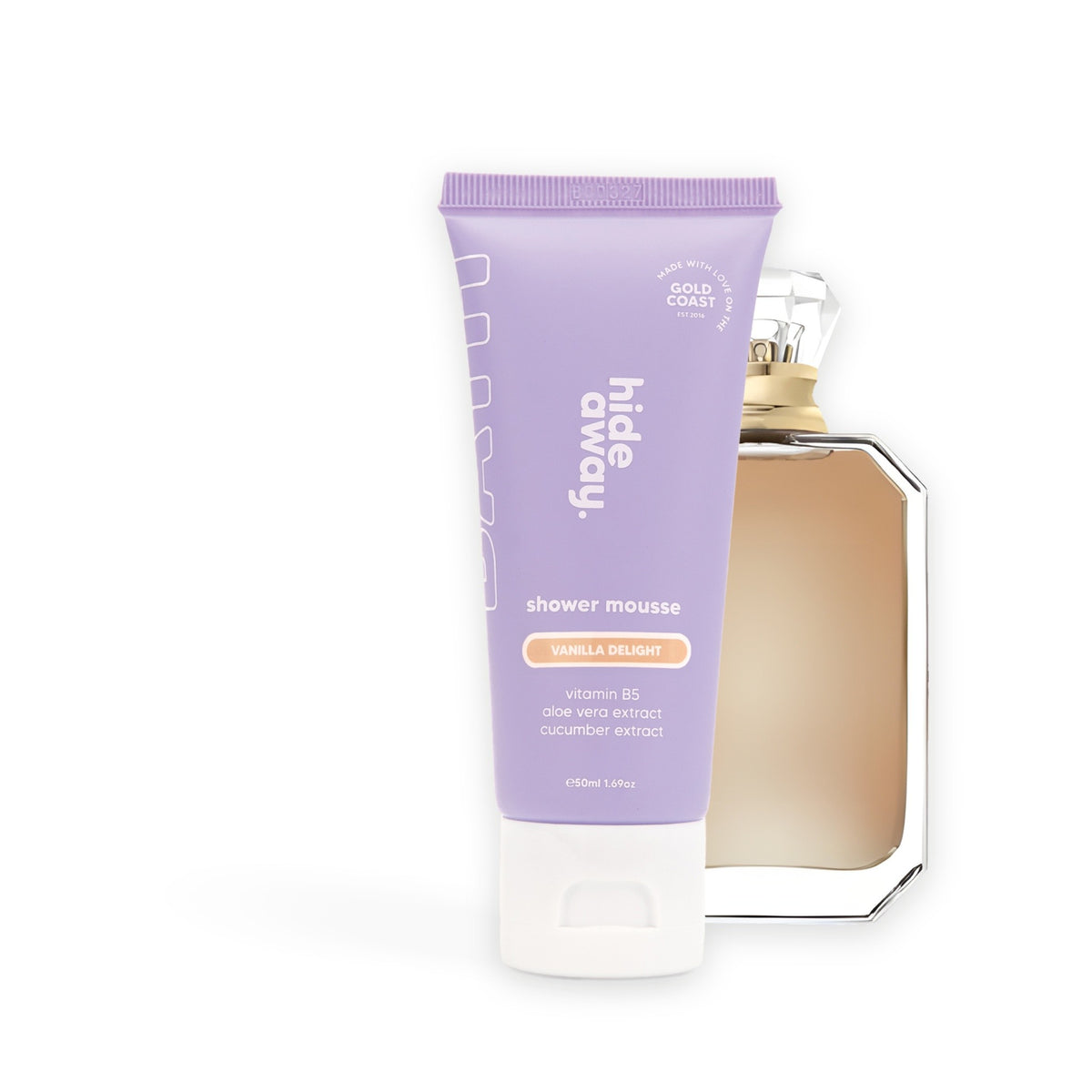 Hideaway. Vanilla Delight shower mousse mini beside the Kayali Vanilla 28 bottle it is inspired by