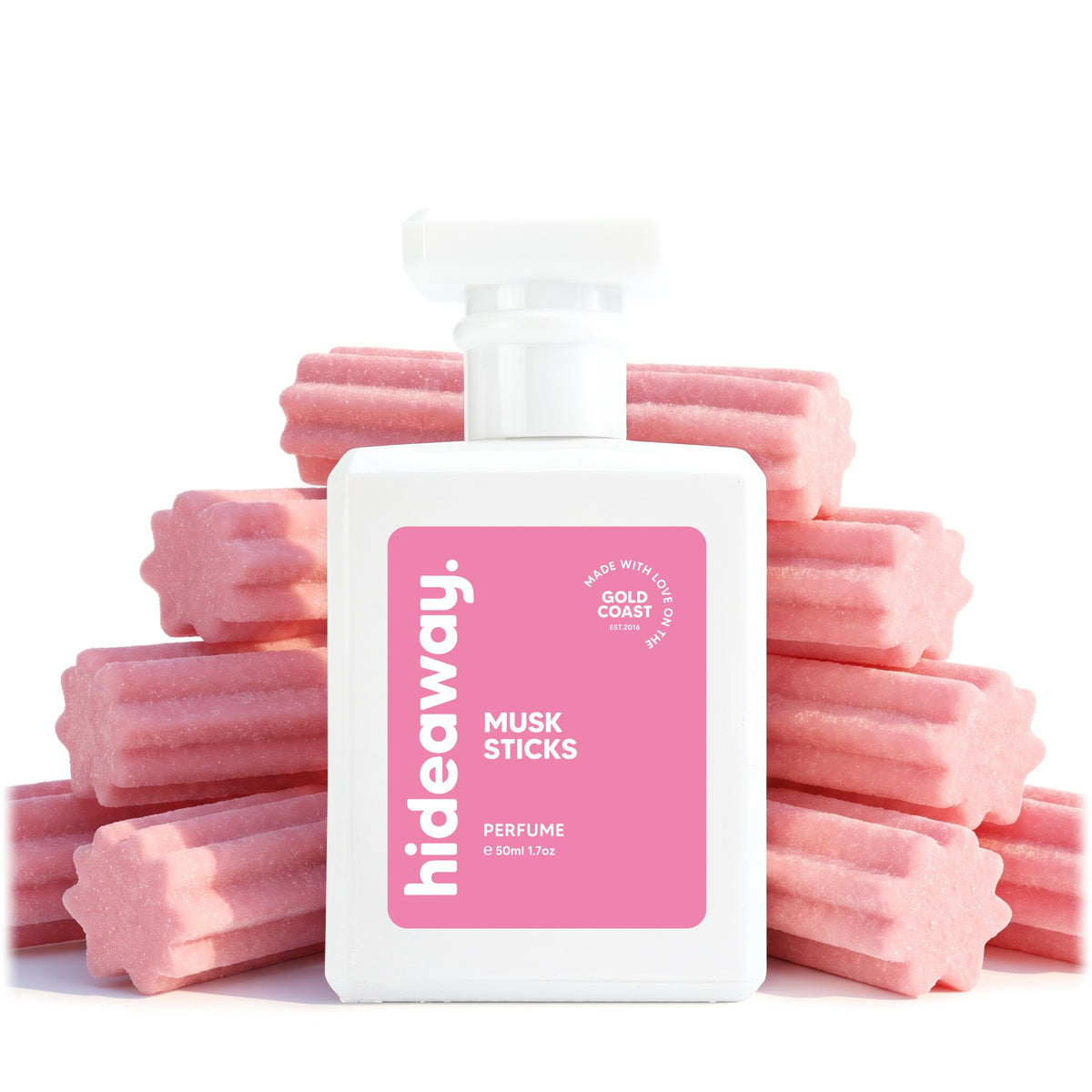 Hideaway. Musk Sticks perfume 50ml with pink musk sticks