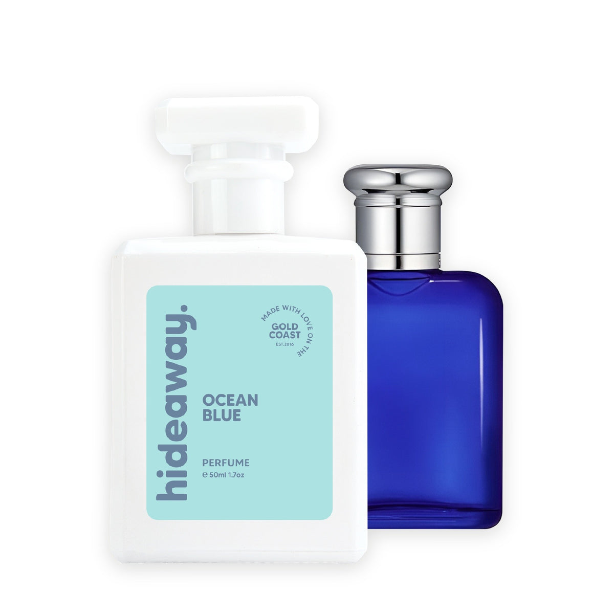 Hideaway. Ocean Blue perfume 50ml beside the Ralph Lauren Polo Blue bottle it is inspired by