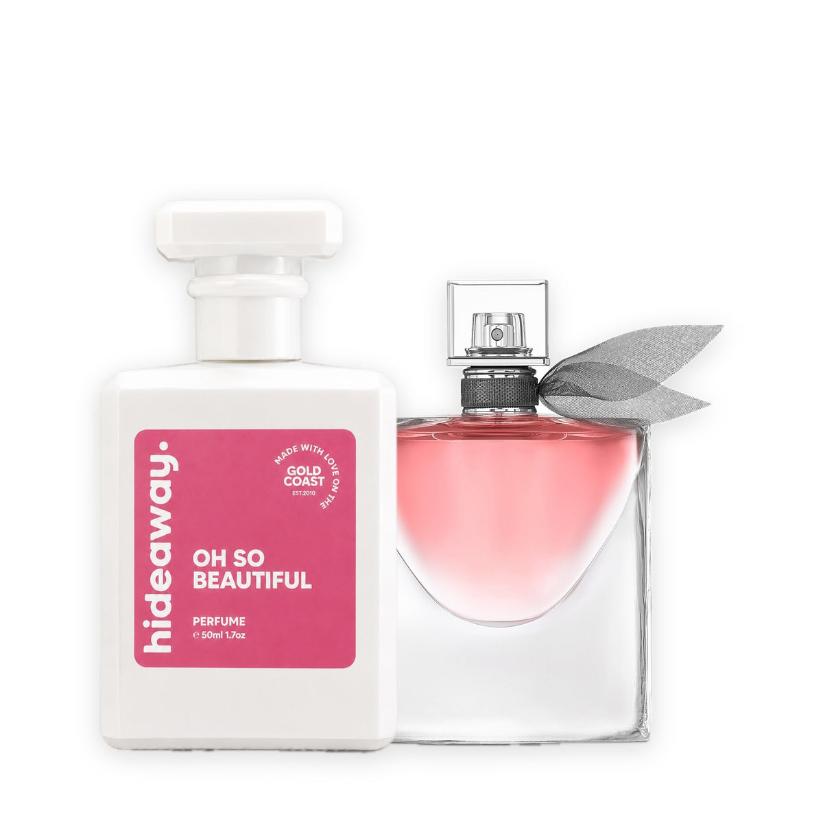 Hideaway. Oh So Beautiful perfume 50ml beside the Lancôme La Vie Est Belle bottle it is inspired by
