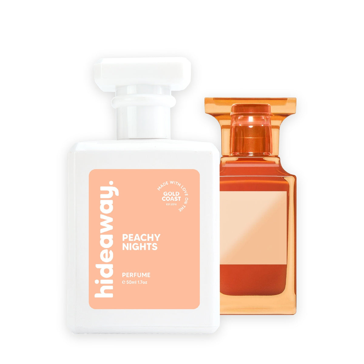 Hideaway. Peachy Nights perfume 50ml beside the Tom Ford Bitter Peach bottle it is inspired by