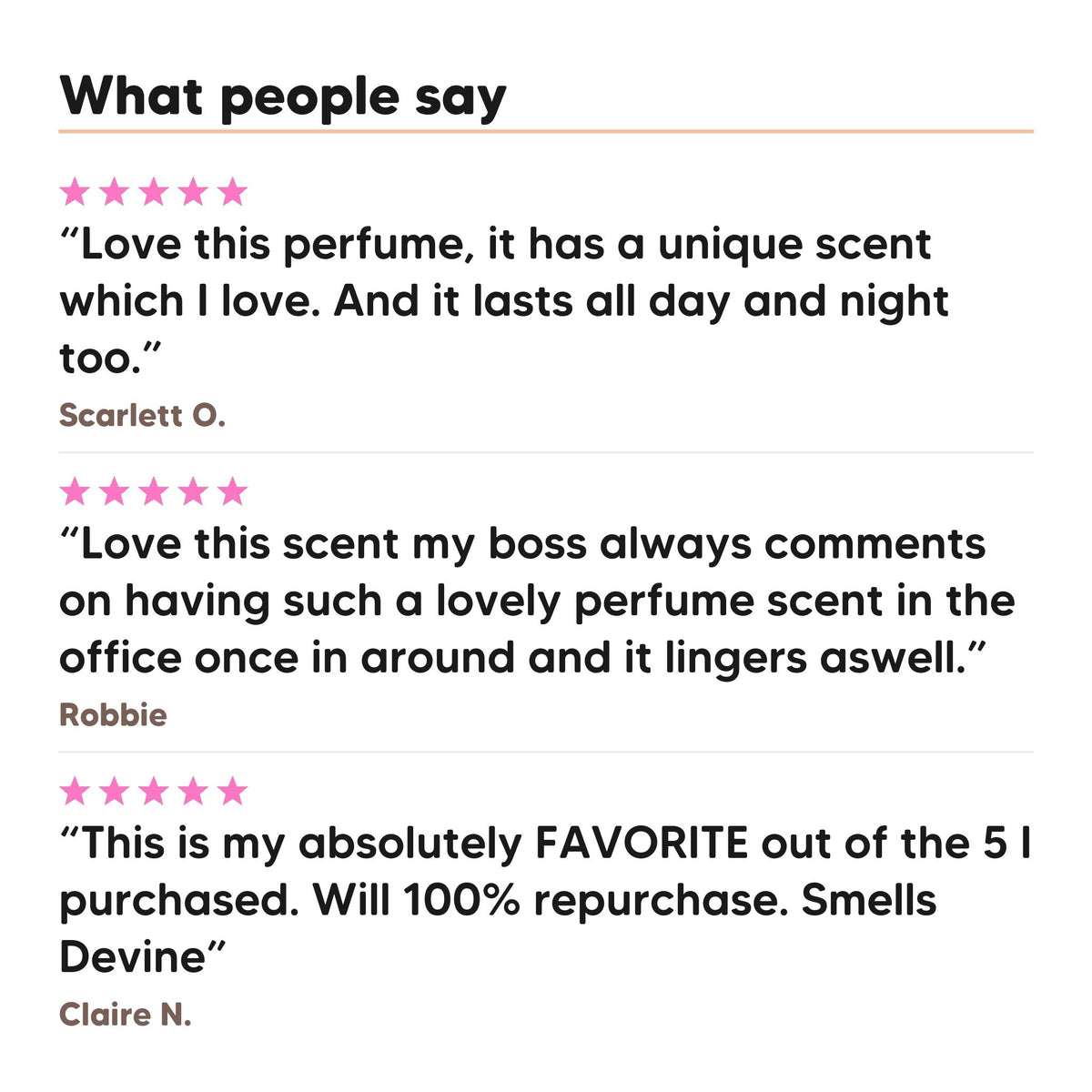 Three five star customer reviews of Hideaway. Peachy Nights perfume