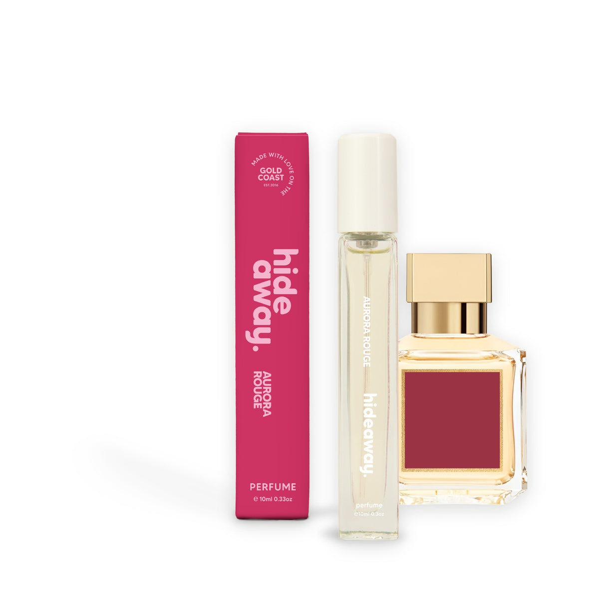 Hideaway. Aurora Rouge perfume 10ml beside the MFK Baccarat Rouge 540 bottle it is inspired by
